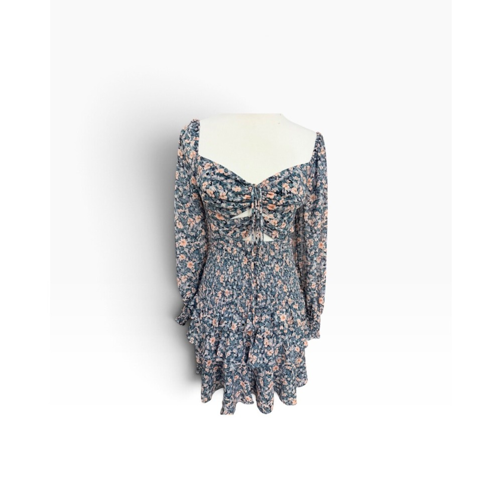 ASTR The Label Womens S Floral Cutout Smocked Mini Dress Long Sleeve